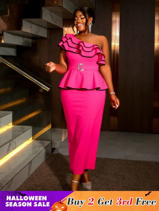 AOMEIDRESS One Shoulder Dress Tierred Ruffles Peplum Package Hip Rose / S