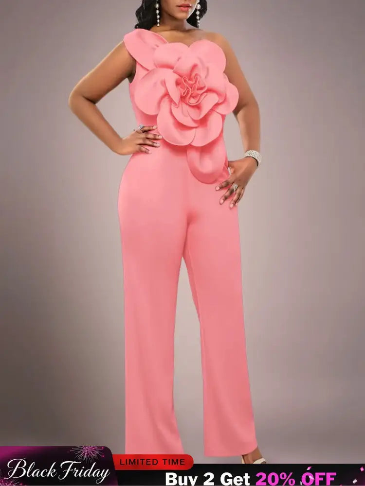 AOMEIDRESS One Shoulder Party Jumpsuit Big Flower Sexy Backless Pink / S