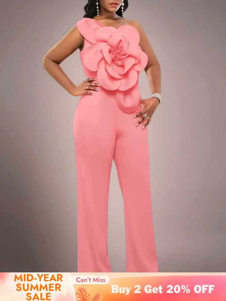 AOMEIDRESS One Shoulder Party Jumpsuit Big Flower Sexy Backless Pink / S