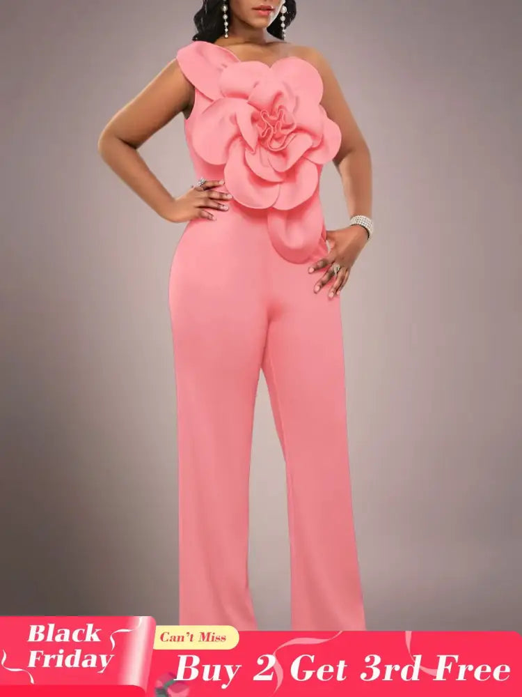 AOMEIDRESS One Shoulder Party Jumpsuit Big Flower Sexy Backless Pink / S