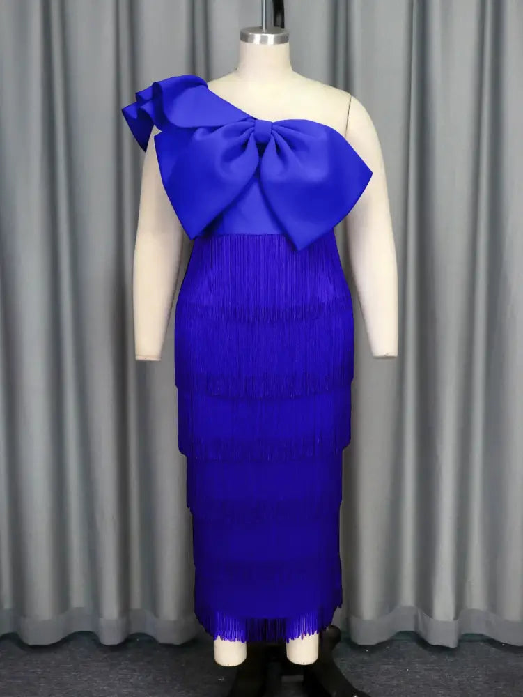 AOMEIDRESS One Shoulder Tassel Dresses Sexy Big Bow Ruffles Wedding Guest Occassion Blue / S