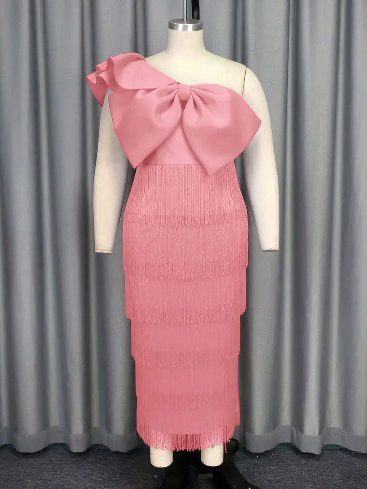 AOMEIDRESS One Shoulder Tassel Dresses Sexy Big Bow Ruffles Wedding Guest Occassion Pink / S