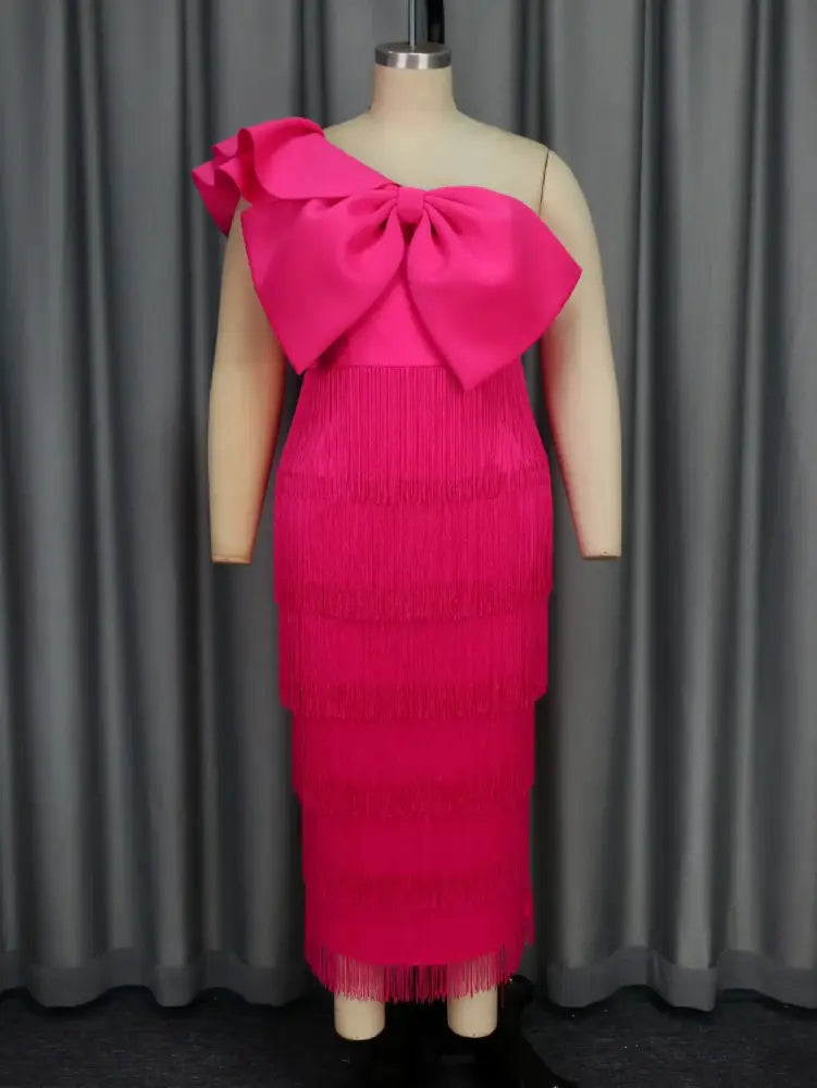 AOMEIDRESS One Shoulder Tassel Dresses Sexy Big Bow Ruffles Wedding Guest Occassion Rose / S