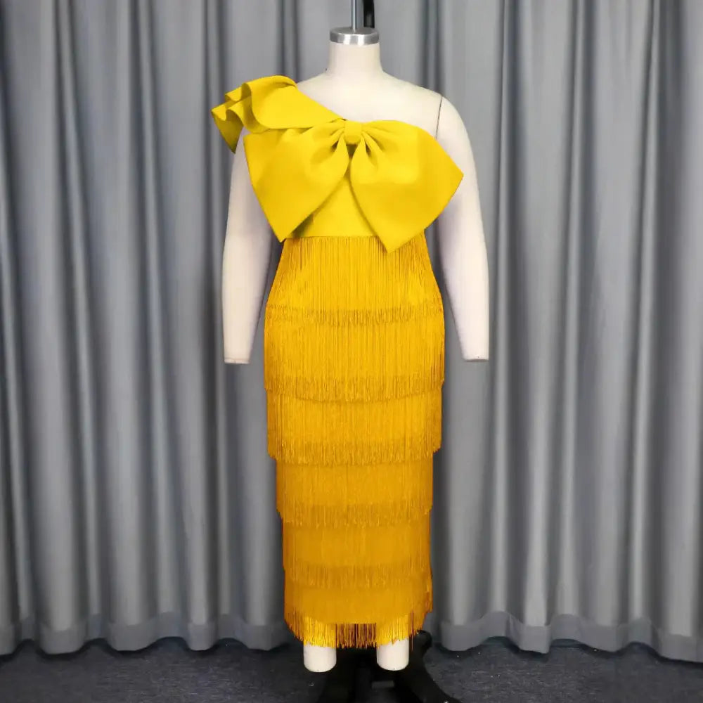 AOMEIDRESS One Shoulder Tassel Dresses Sexy Big Bow Ruffles Wedding Guest Occassion Yellow / S