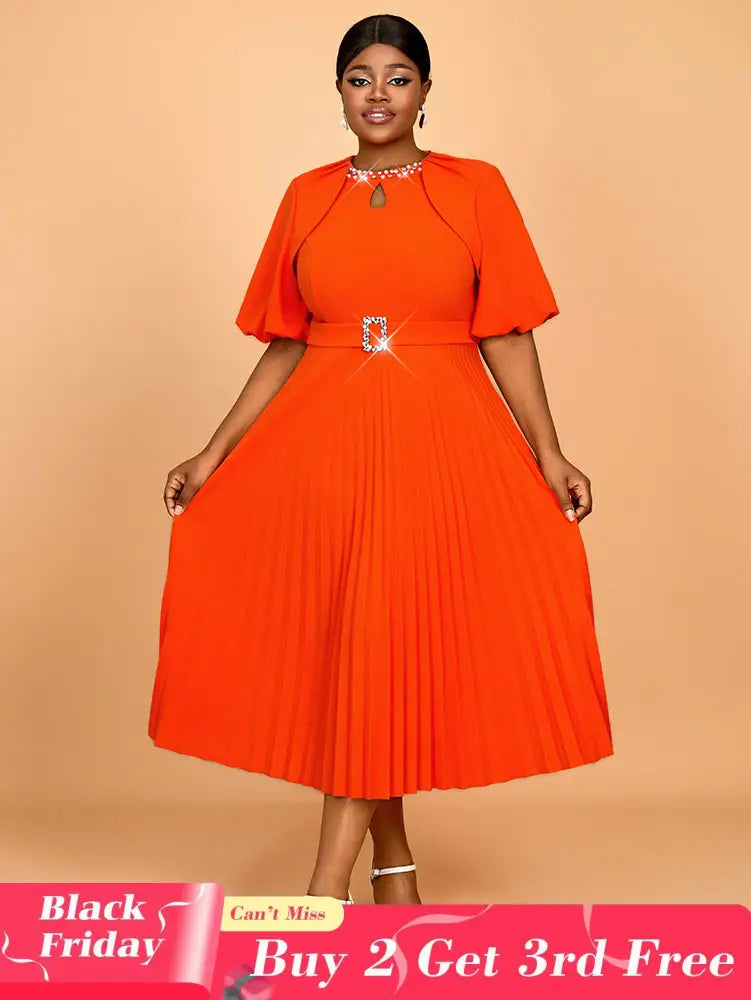 AOMEIDRESS Orange Mid Calf Dresses O Neck Half Puff Sleeves Wedding Guest Dress Orange / 0XL