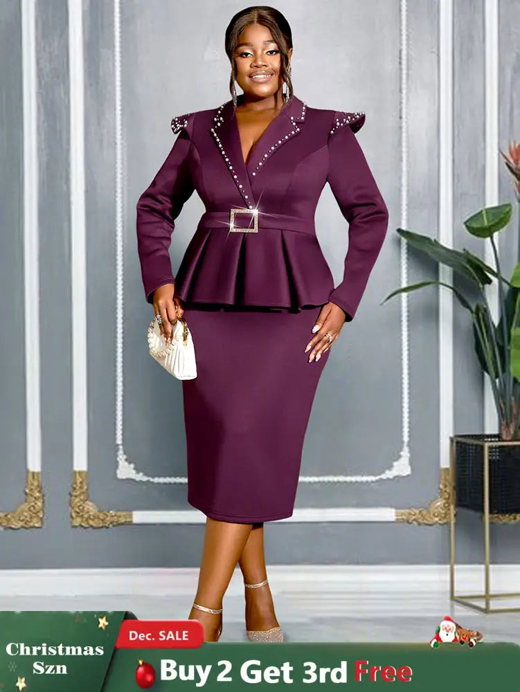 AOMEIDRESS Package Hip Dress with Rhinestone Collar Belt Peplum Hem Wine / L