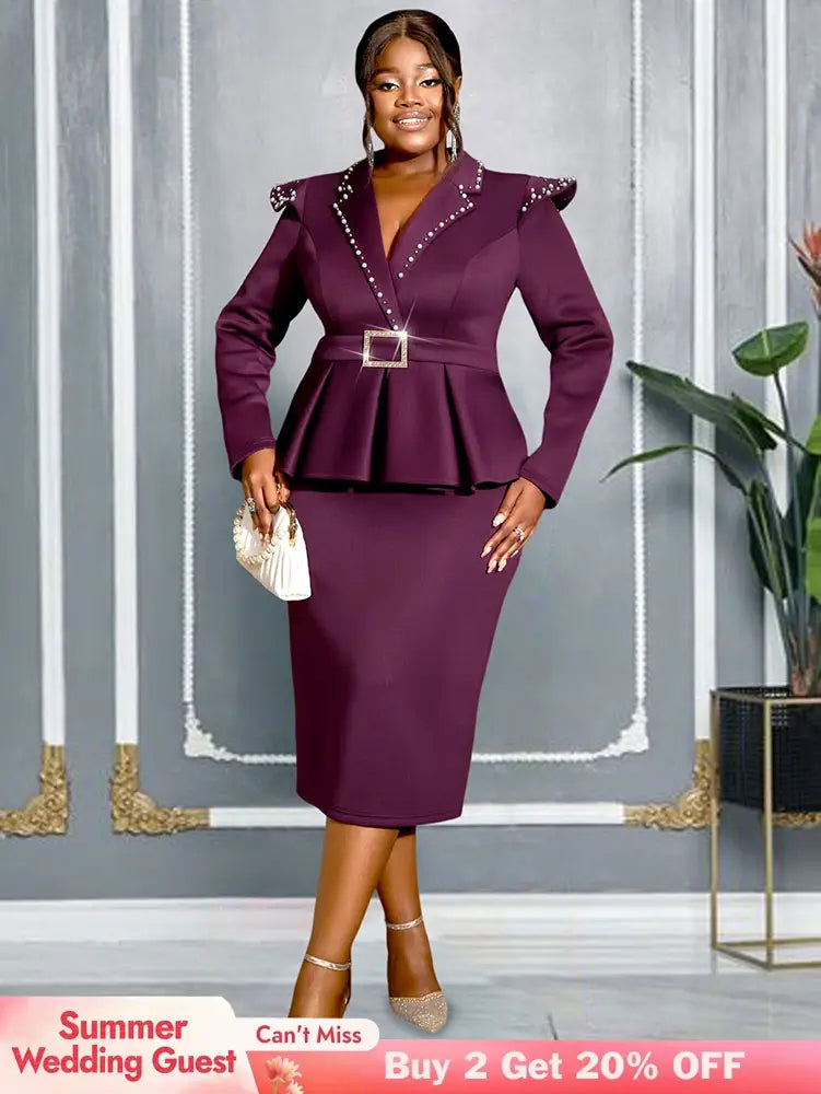 AOMEIDRESS Package Hip Dress with Rhinestone Collar Belt Peplum Hem Wine / L