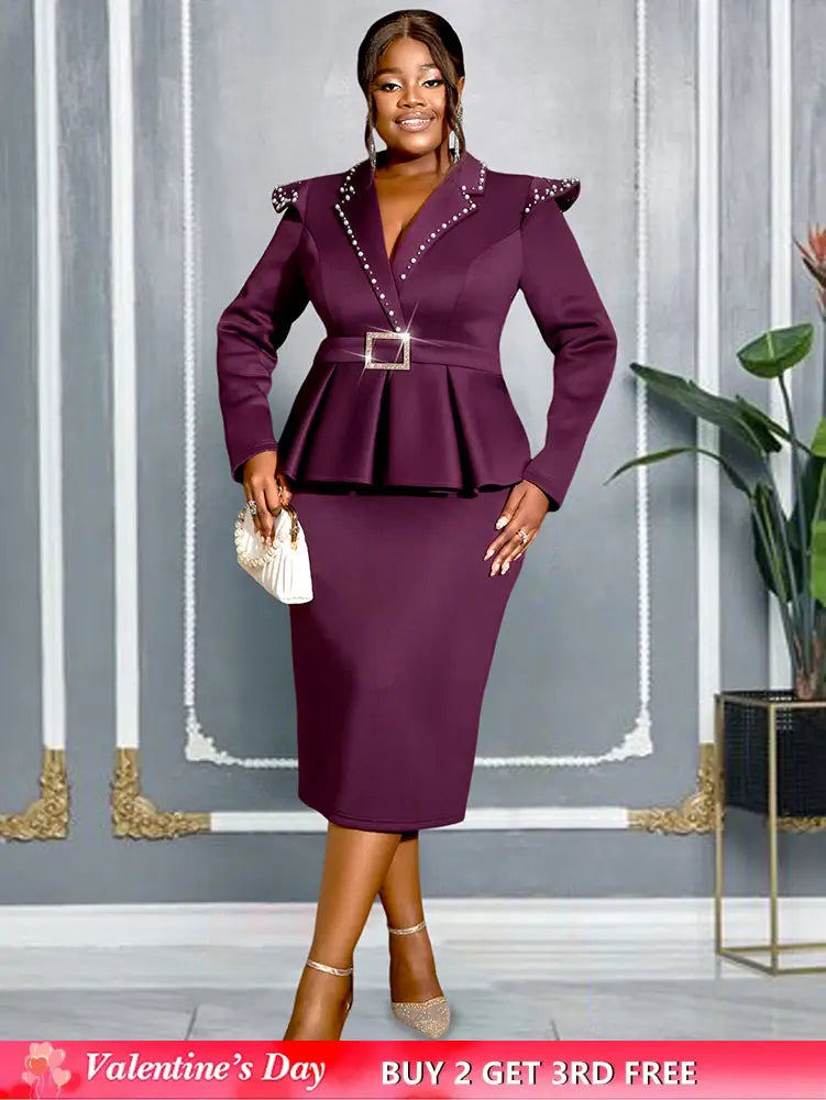 AOMEIDRESS Package Hip Dress with Rhinestone Collar Belt Peplum Hem Wine / L