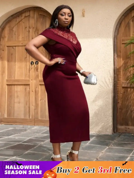 AOMEIDRESS Party Dress Lace Patchwork Bodycon Church Event Wine / S