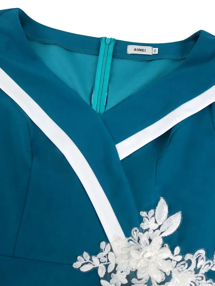 AOMEIDRESS Peplum Bodycon Dress with Contrast Trim Floral Appliques