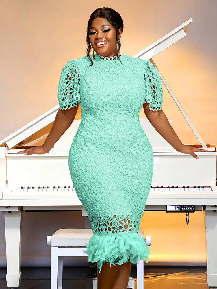 AOMEIDRESS Pink Lace Dresses for Women Bodycon Feather Patchwork Green / S