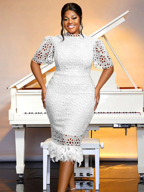 AOMEIDRESS Pink Lace Dresses for Women Bodycon Feather Patchwork White / S