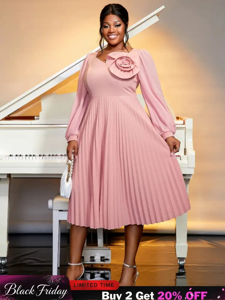 long lantern sleeves a line dress plus size pleated dress