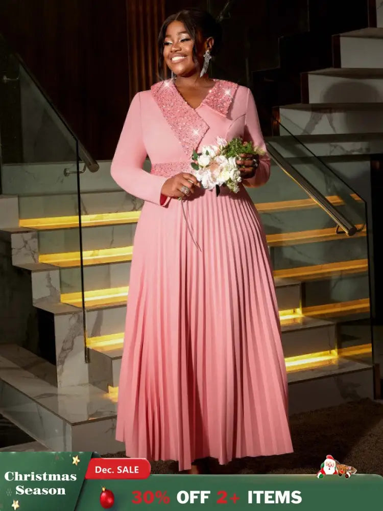 AOMEIDRESS Pink Maxi Pleated Dress Irregular Glitter Neck High Waist Pink / S