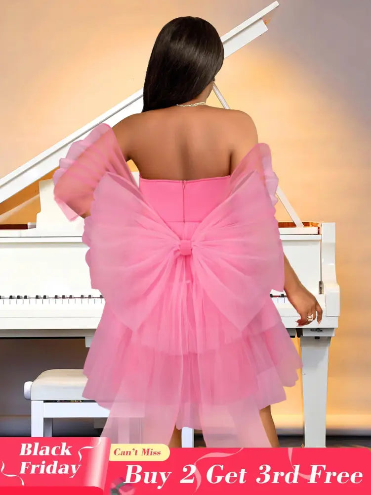 AOMEIDRESS Pink Removable Back Bow Tube Tops Mesh A Line Dress