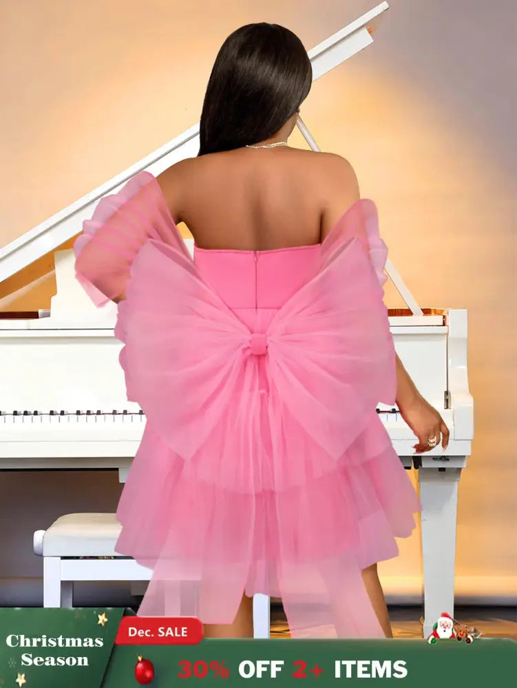 AOMEIDRESS Pink Removable Back Bow Tube Tops Mesh A Line Dress