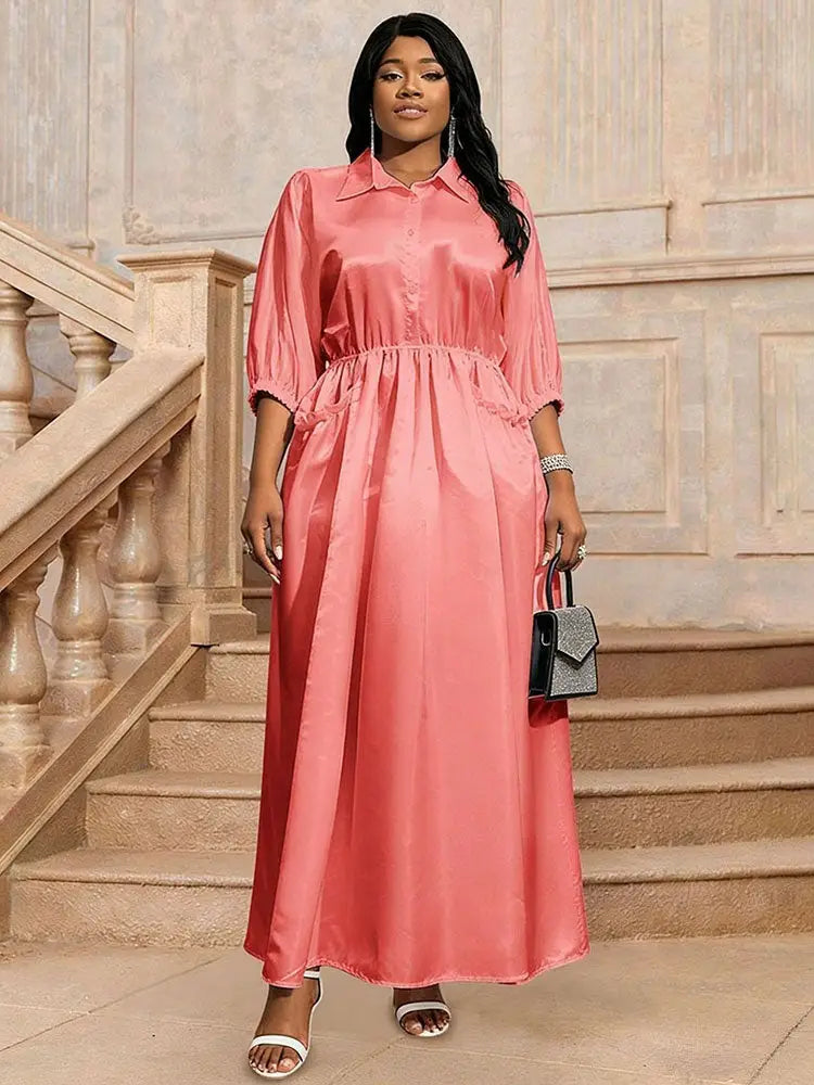 AOMEIDRESS Pink Satin Shirt Dress Elastic A Line Puff Sleeves Waist