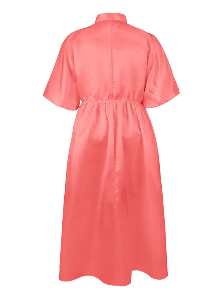AOMEIDRESS Pink Satin Shirt Dress Elastic A Line Puff Sleeves Waist