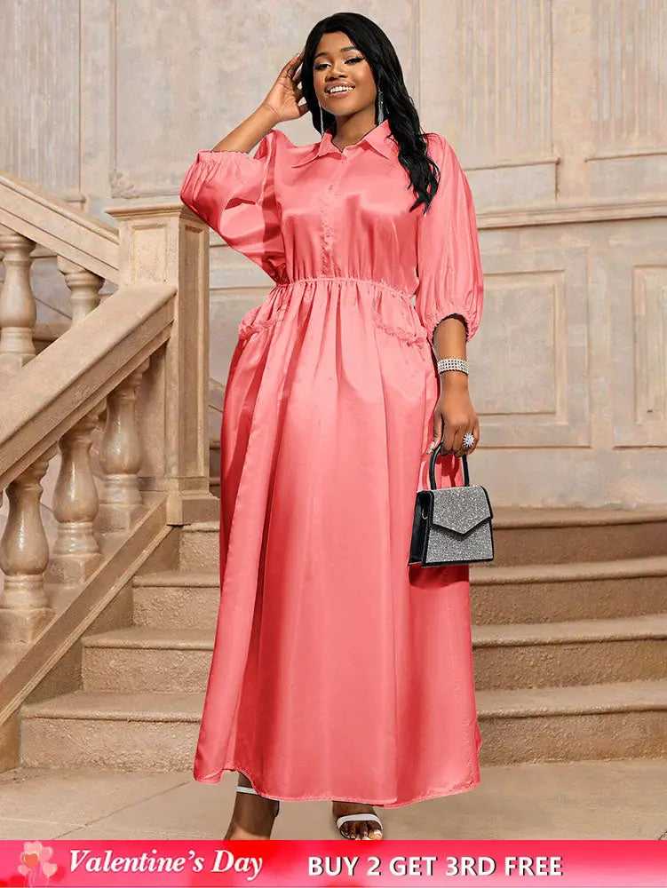 AOMEIDRESS Pink Satin Shirt Dress Elastic A Line Puff Sleeves Waist Pink / L
