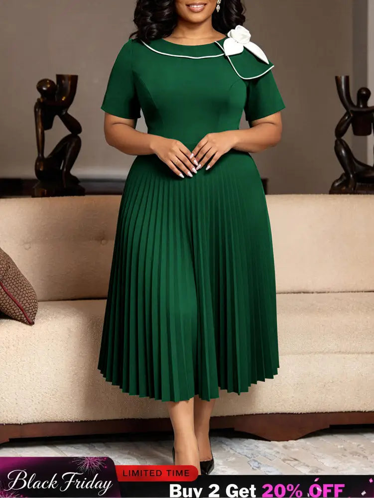 AOMEIDRESS Pleated A Line Dresses Short Sleeves Colorblock 3D Flower - DarkGreen / L