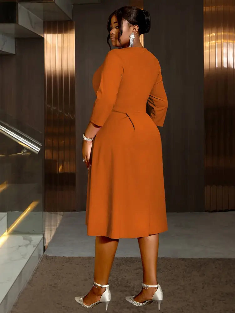 AOMEIDRESS Pleated A-Line Midi Dress V Neck 3/4 Sleeves High Waist