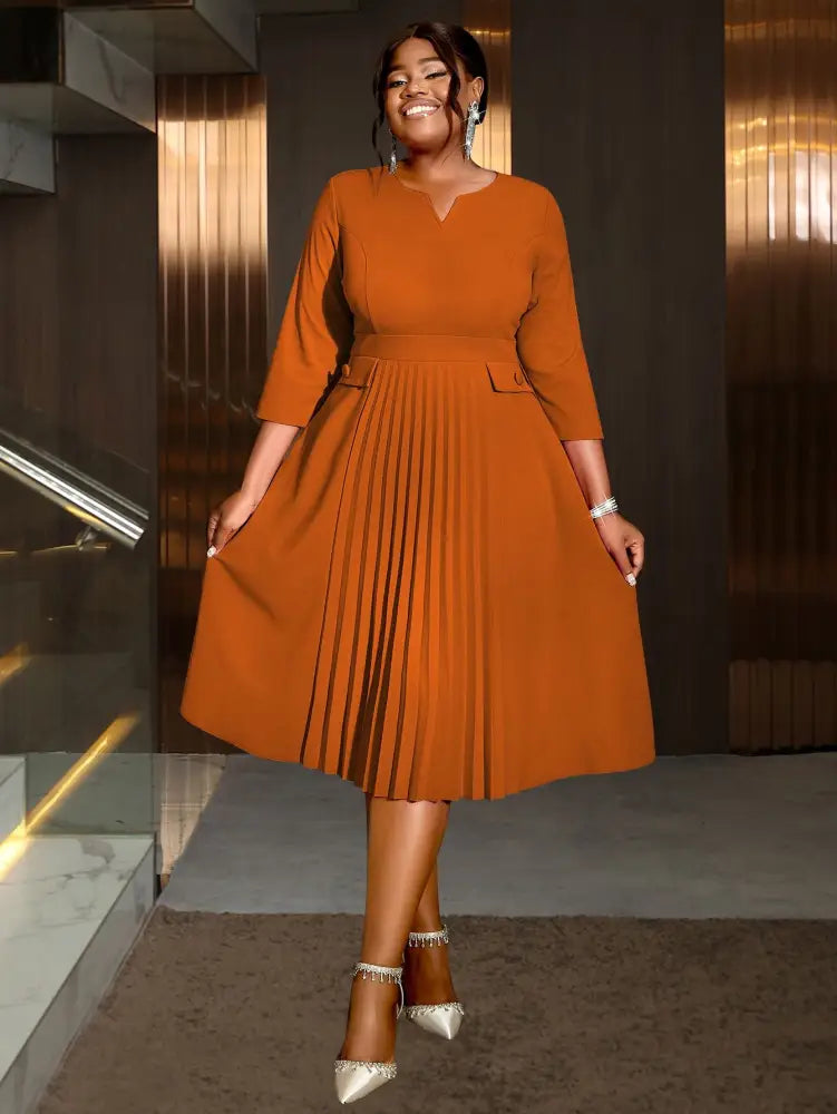 AOMEIDRESS Pleated A-Line Plus Size Dress V Neck Mid Calf High Waist