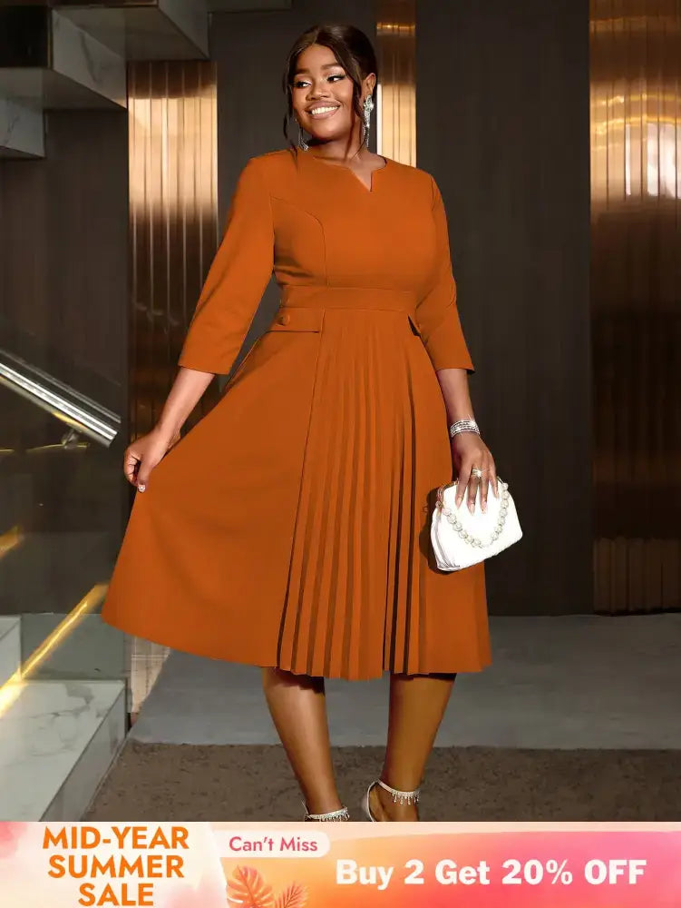 AOMEIDRESS Pleated A-Line Midi Dress V Neck 3/4 Sleeves High Waist