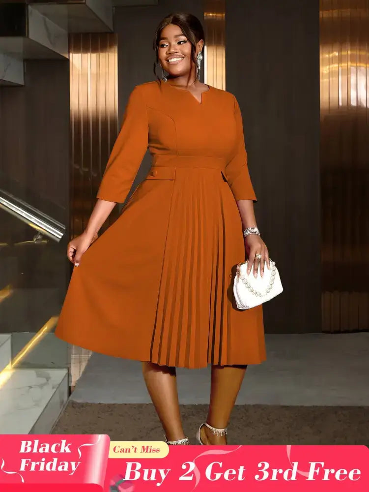 AOMEIDRESS Pleated A-Line Midi Dress V Neck 3/4 Sleeves High Waist