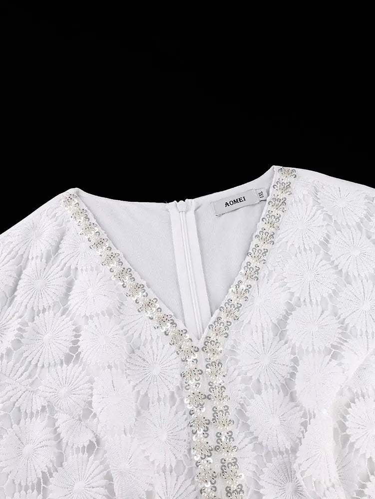 AOMEIDRESS Pleated Chiffon Dress Patchwork Lace Sequin Puff Sleeves