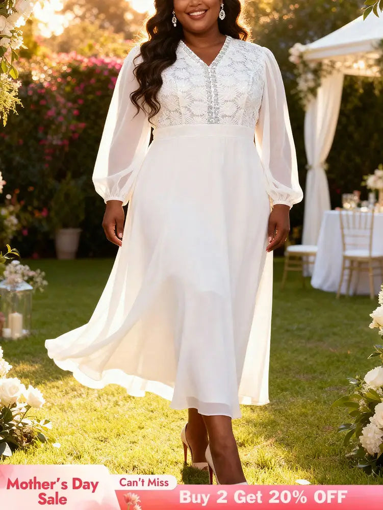 AOMEIDRESS Pleated Chiffon Dress Patchwork Lace Sequin Puff Sleeves White / L