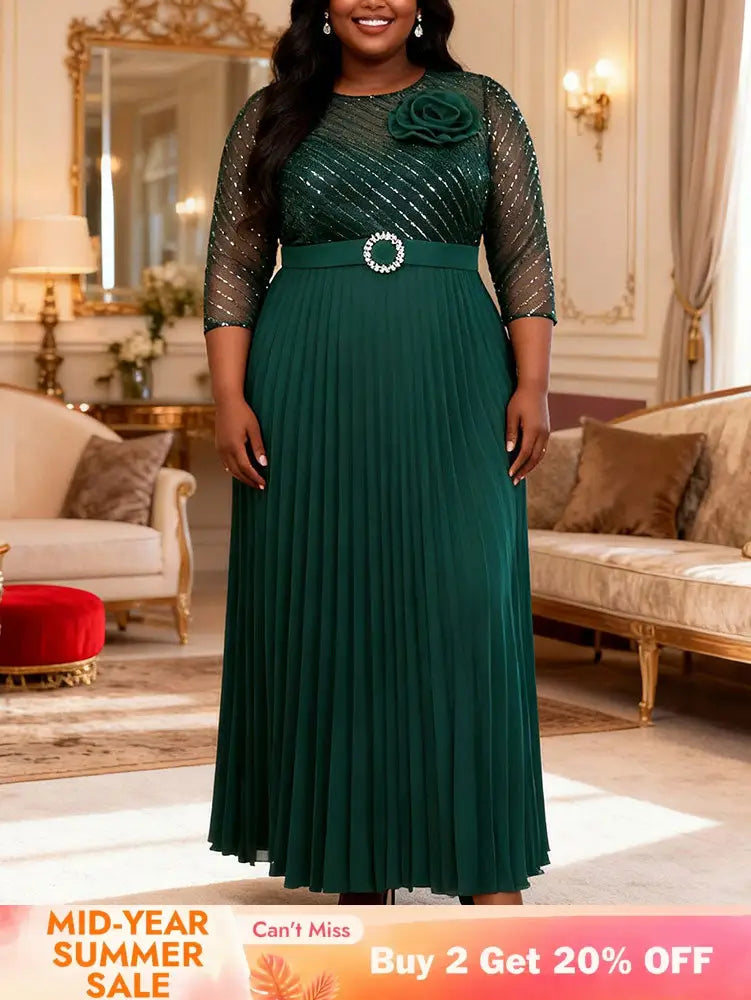 AOMEIDRESS Pleated Chiffon Dress with Shiny Mesh 3D Flower Belt Party DarkGreen / L