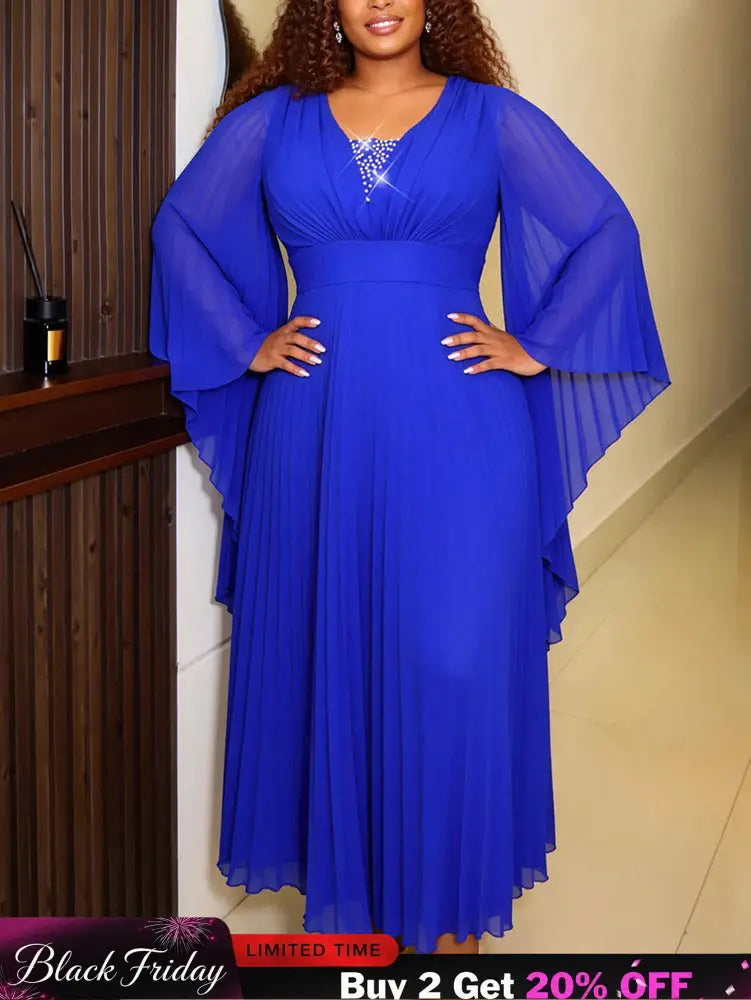 AOMEIDRESS Pleated Chiffon Prom Dress V Neck Beading Batwing Sleeves - Blue / L