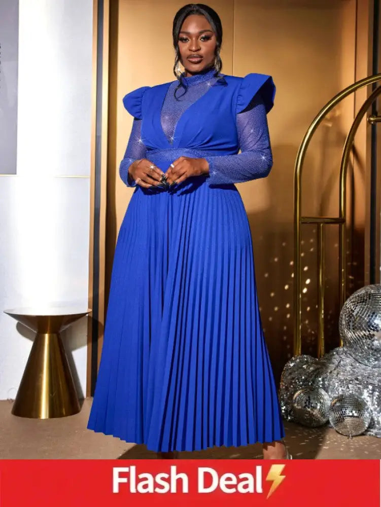 AOMEIDRESS Pleated Dress Mock Neck Sheer Long Sleeve Draped A Line