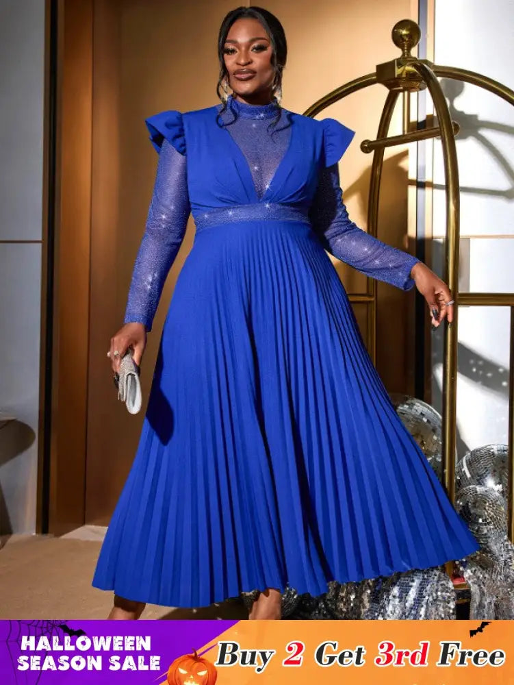 AOMEIDRESS Pleated Dress Mock Neck Sheer Long Sleeve Draped A Line Blue / S