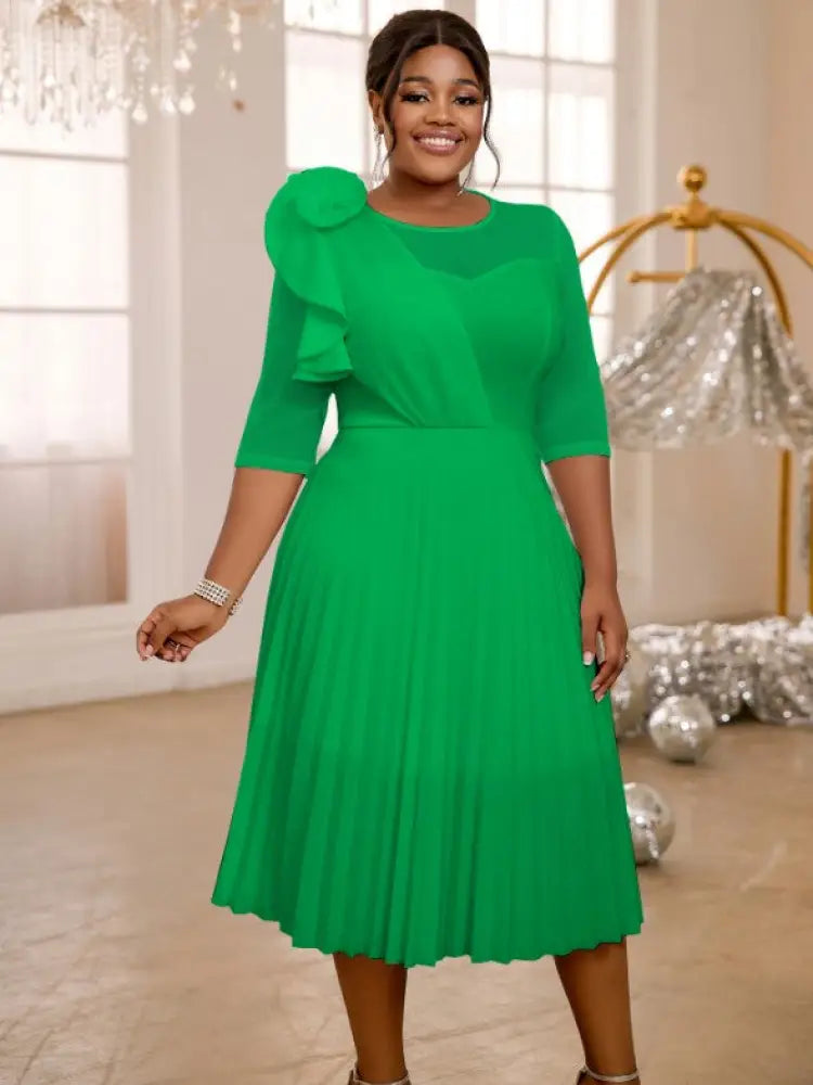 AOMEIDRESS Pleated Dress O Neck Ruffles Flower Tulle Sleeve Patchwork Green / S