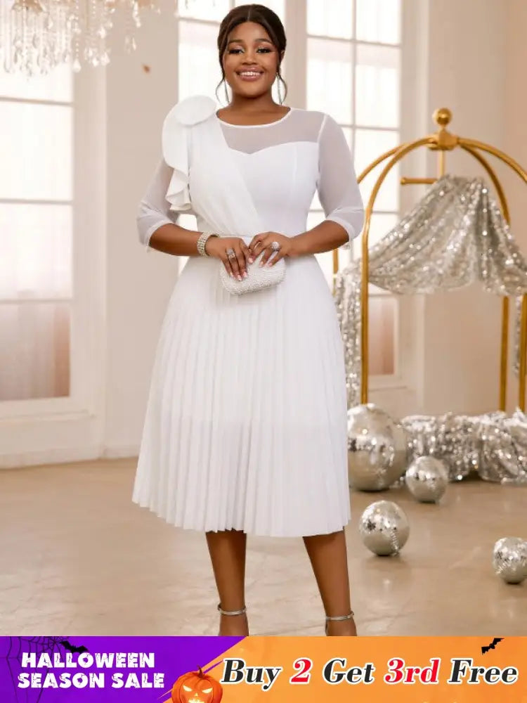 AOMEIDRESS Pleated Dress O Neck Ruffles Flower Tulle Sleeve Patchwork White / S