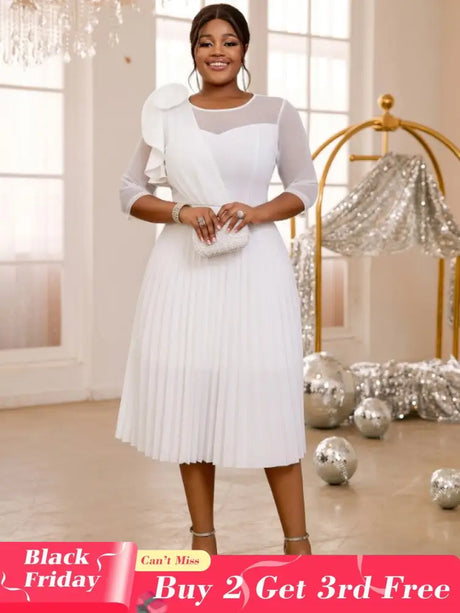 AOMEIDRESS Pleated Dress O Neck Ruffles Flower Tulle Sleeve Patchwork White / S