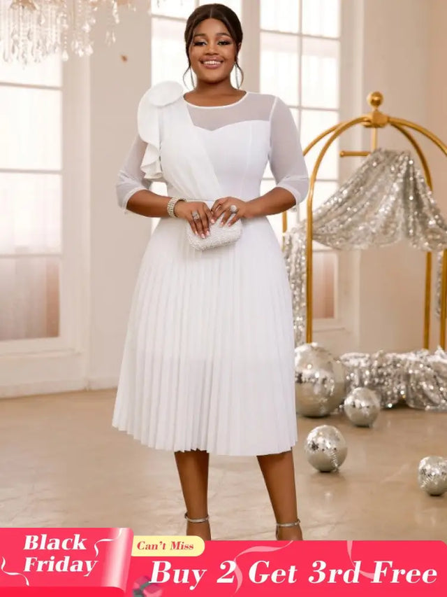 AOMEIDRESS Pleated Dress O Neck Ruffles Flower Tulle Sleeve Patchwork White / S