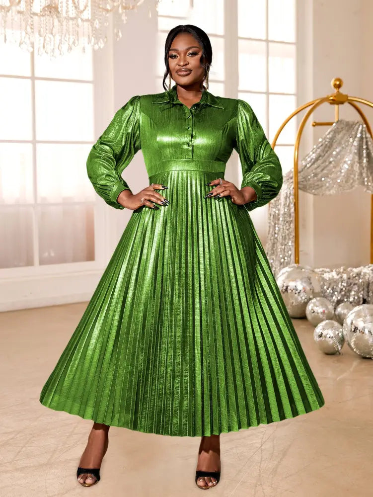 AOMEIDRESS Pleated Dress Turn Down Collar Lantern Sleeves Button Up Green / S