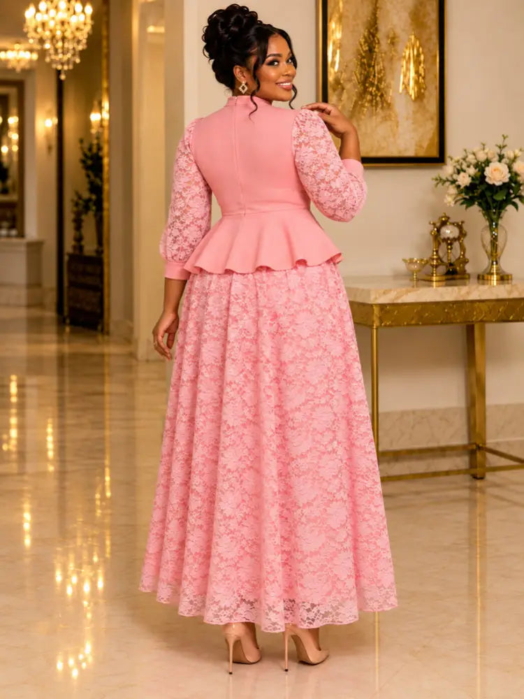 AOMEIDRESS Plus Size Church Two Piece Set Peplum Top with Lace Skirt