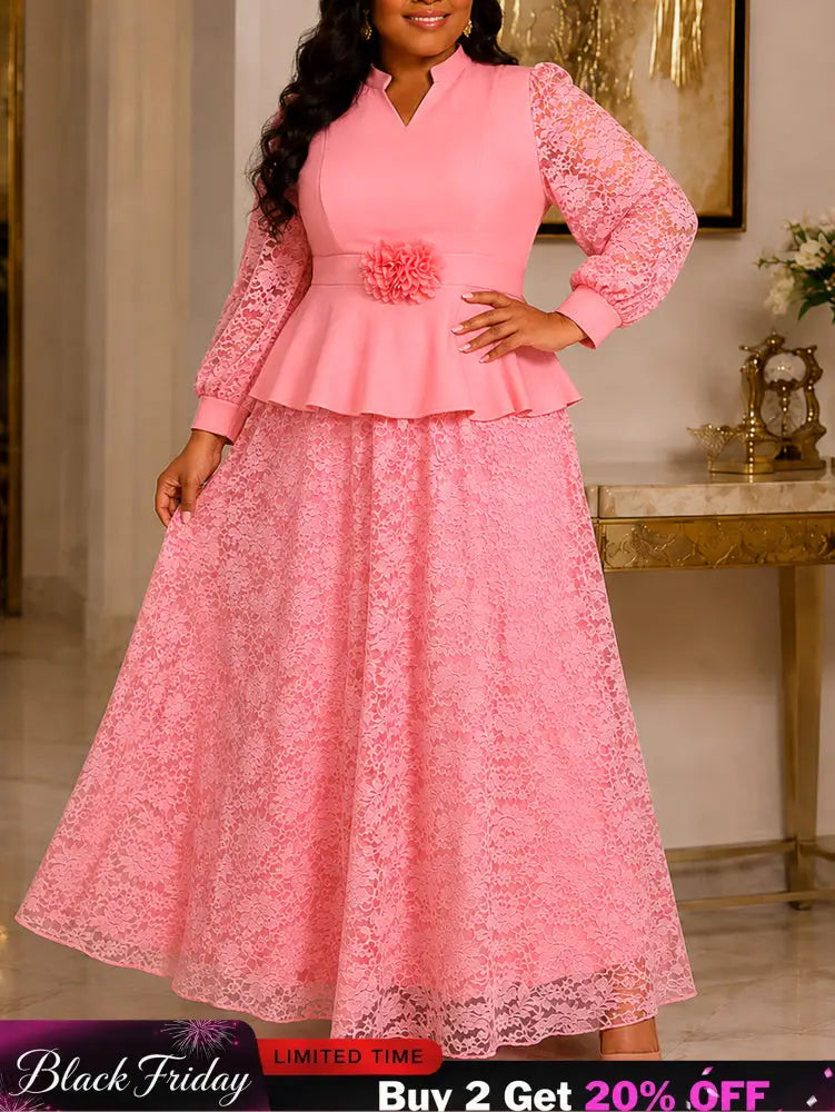 AOMEIDRESS Plus Size Church Two Piece Set Peplum Top with Lace Skirt - Pink / L