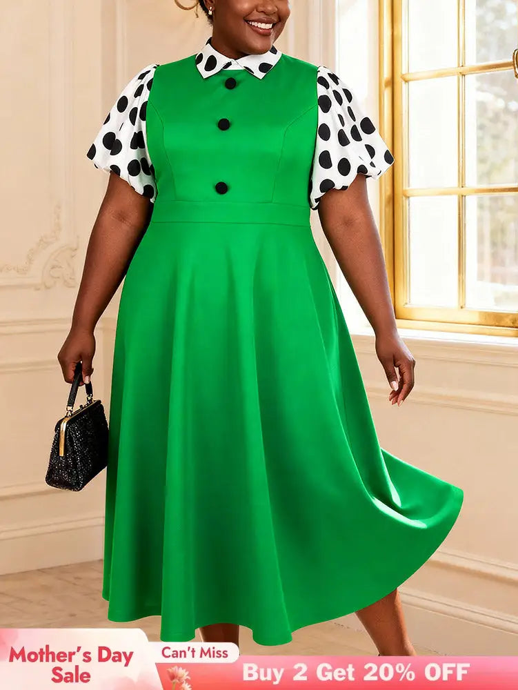 AOMEIDRESS Polka Dot A Line Dress Colorblock Turn Down Collar Button - Green / L