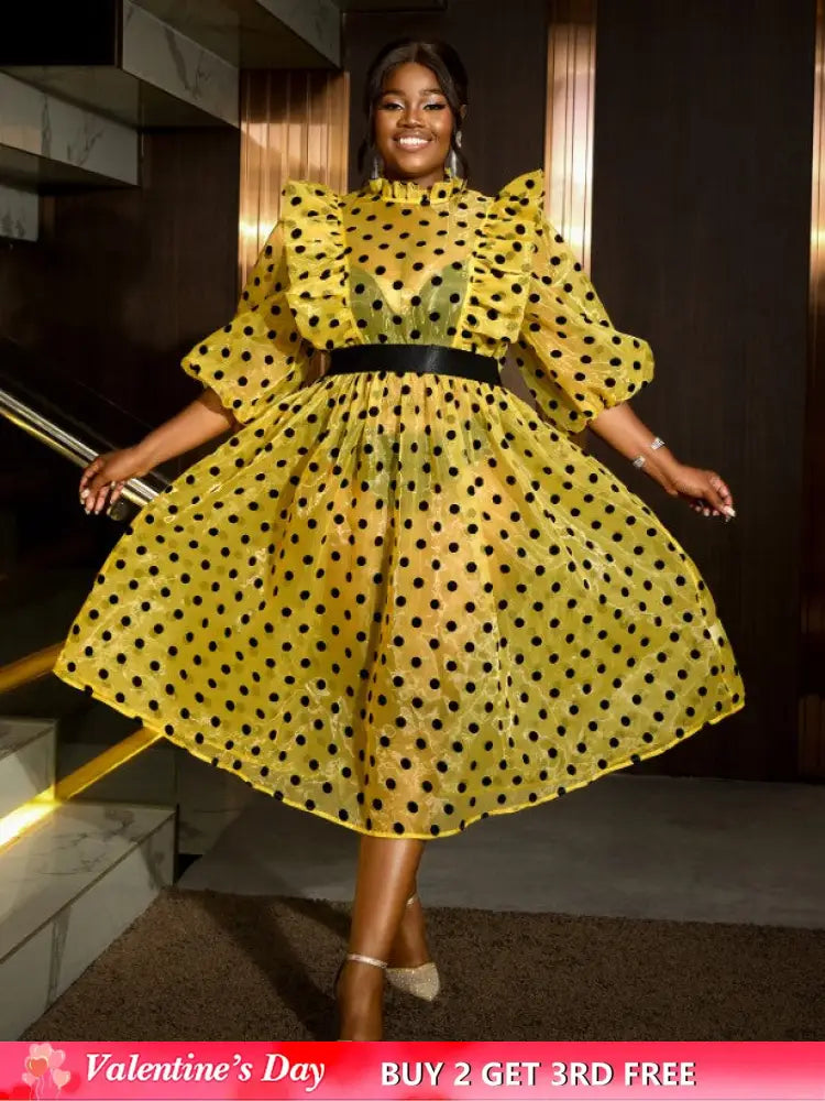 AOMEIDRESS Polka Dot Mesh See Through Dresses Ruffles Puff Sleeves Yellow / 0XL