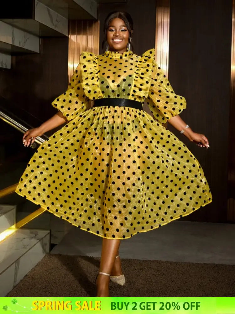 AOMEIDRESS Polka Dot Mesh See Through Dresses Ruffles Puff Sleeves Yellow / 0XL