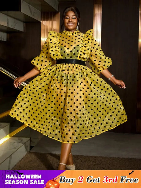AOMEIDRESS Polka Dot Mesh See Through Dresses Ruffles Puff Sleeves Yellow / 0XL