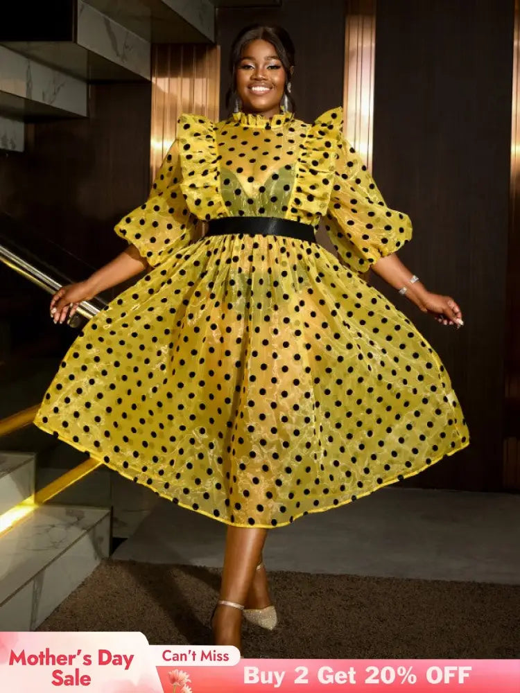 AOMEIDRESS Polka Dot Mesh See Through Dresses Ruffles Puff Sleeves Yellow / 0XL