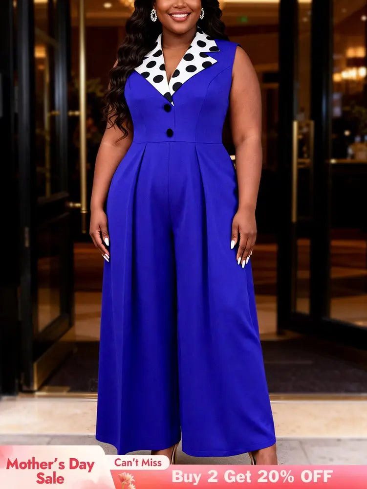 AOMEIDRESS Polka Dot Splicing Jumpsuits Turn Down Collar Sleeveless - Blue / L