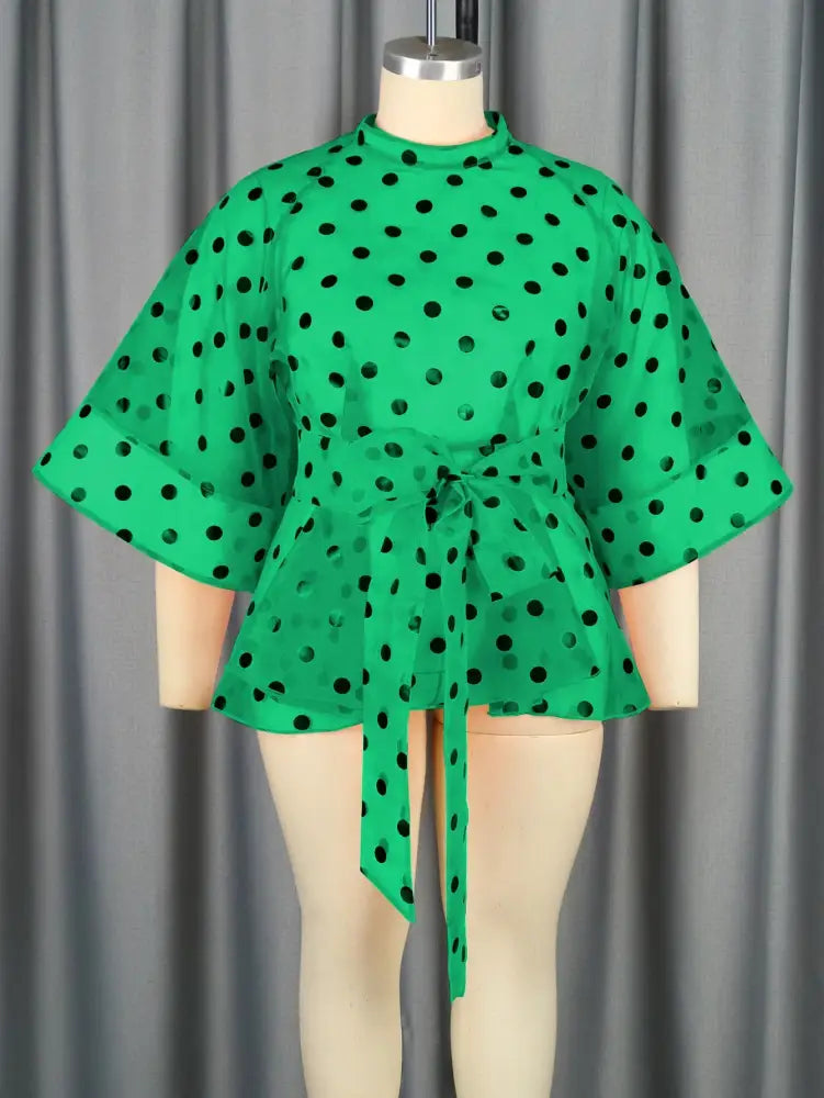 AOMEIDRESS Printed Polka Dot Sheer Blouses Half High Collar 3/4 Sleeves Peplum Waist Belt