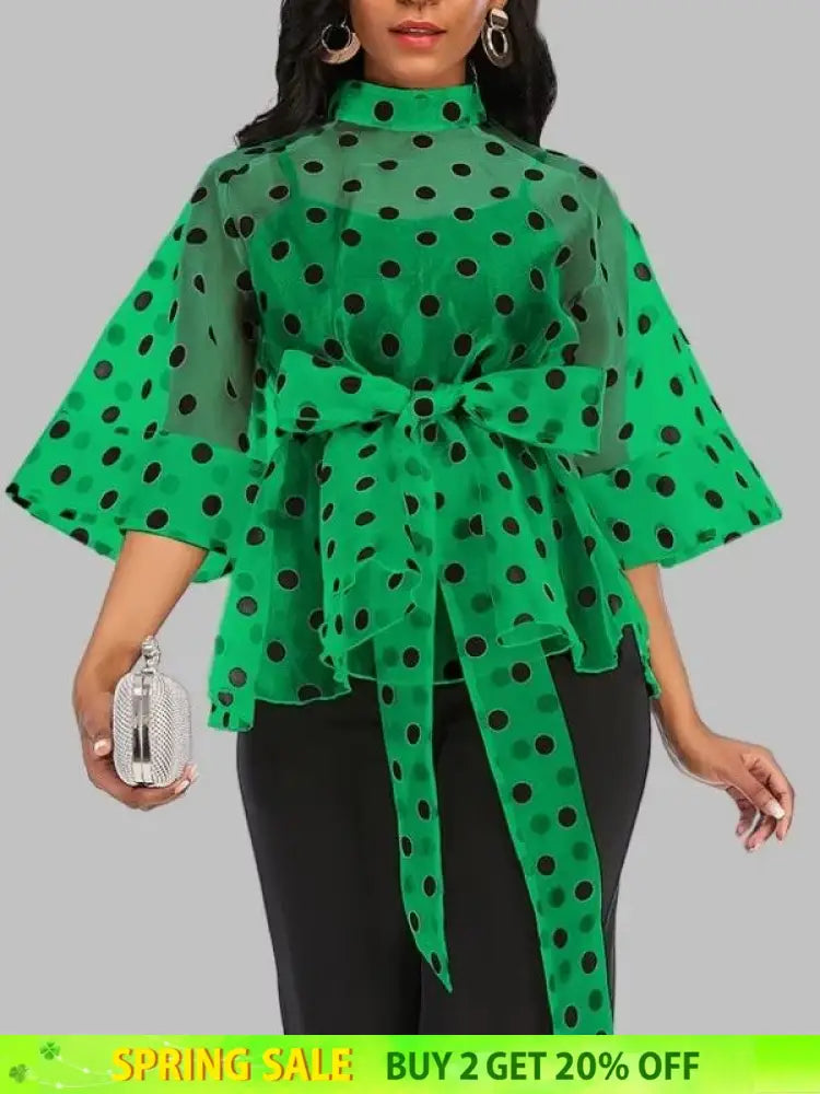 AOMEIDRESS Printed Polka Dot Sheer Blouses Half High Collar 3/4 Sleeves Peplum Waist Belt Green / S