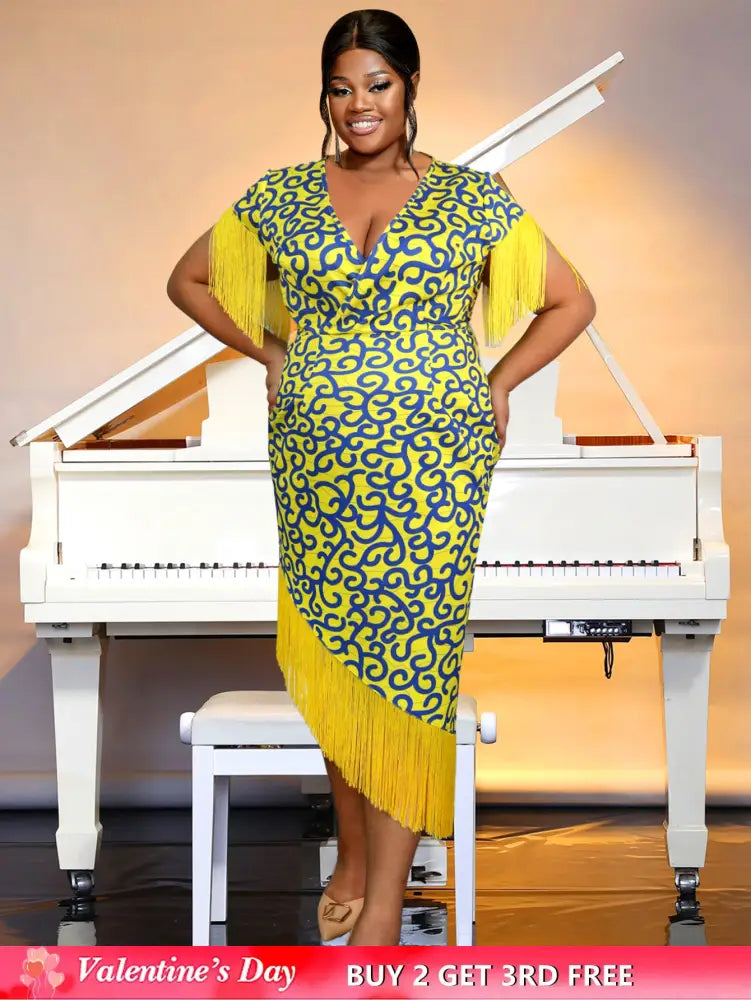 AOMEIDRESS Printed V Neck Tassel Sleeve Asymmetrical Bodycon Dress